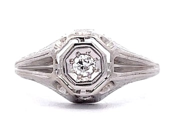 Antique Engagement Ring Art Deco .07ct Old European Cut Diamond in 18k White Gold