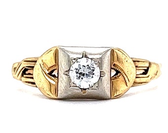 Engagement Ring Art Deco .18 Old European Cut Diamond in 14k Yellow & White Gold
