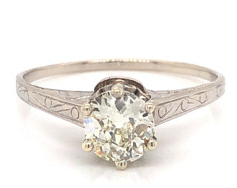 Art Deco Solitaire Diamond Engagement Ring in 14k White Gold