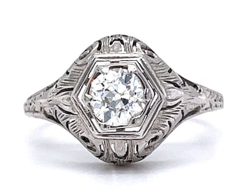 Anillo de compromiso estilo art déco con solitario de diamantes en oro blanco de 18 quilates
