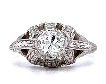 Antique Engagement Ring Art Deco .62 Old European Cut Diamond in 20k White Gold
