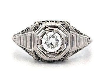 Antique Engagement Ring Art Deco .49 Round Brilliant Cut Diamond in 14k White Gold