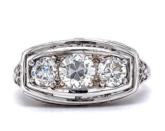 Vintage Deco Three Stone Diamond Ring in 18k White Gold