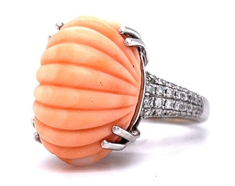 Modern Carved Oval Coral Cocktail Ring  in 14k White Gold
