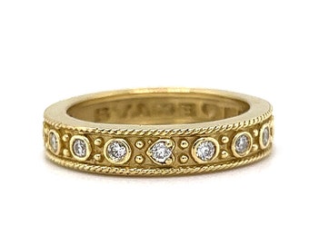 Bezel Set Natural Diamond Eternity Stacking Ring Textured Milgrain 18k Yellow Gold