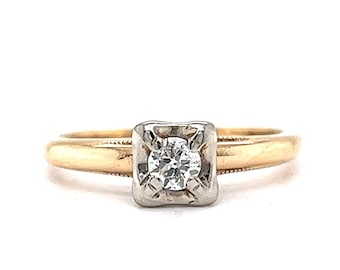 Vintage 1950's NATURAL Diamond Retro Solitaire  Engagement Ring in 14k Gold