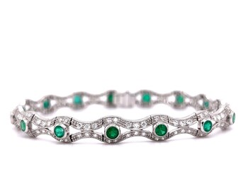 ART DECO Style Emerald & Diamond Bracelet 18k White Gold