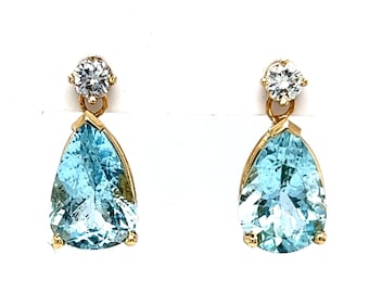 Classic Aquamarine & Diamond Drop Earrings in 14k Yellow Gold