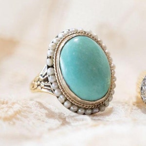Victorian Cabochon Turquoise and Pearl Ring in 14k Yellow Gold