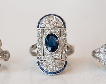 Vintage Filigree Cocktail Ring Art Deco Sapphire in Platinum