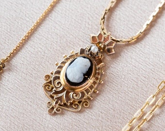 Victorian Pearl Cameo Pendant In 14K Yellow Gold