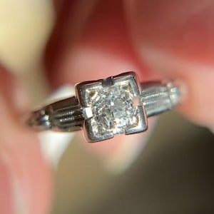 Antique Engagement Ring Art Deco .23 Old European Cut Diamond in 18k White Gold