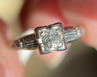 Antique Engagement Ring Art Deco .23 Old European Cut Diamond in 18k White Gold