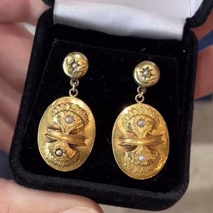 Victorian Pearl Amulet Shield Drop Earrings in 14K Yellow Gold
