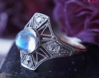 Antique Right Hand Ring Art Deco Moonstone in Platinum & 14k Yellow Gold
