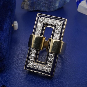 Diamond & Blue Enamel Cocktail Ring 18k Gold