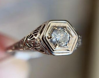 Geometric Art Deco Diamond Engagement Ring in 18K White Gold