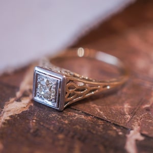 Retro Geometric Engagement Ring in 14K Yellow Gold and Platinum
