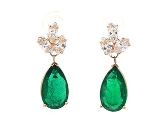 6.81 Carat Emerald & Diamond Accent Drop Earrings in Yellow Gold