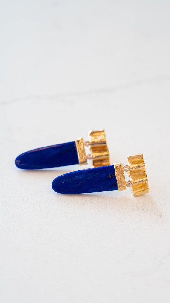 Cabochon Lapis Lazuli Drop Earrings in 14k Yellow… - image 1