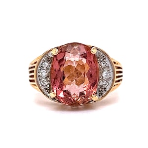 Vintage Pink Tourmaline & Diamond Cocktail Ring in 14k Yellow Gold
