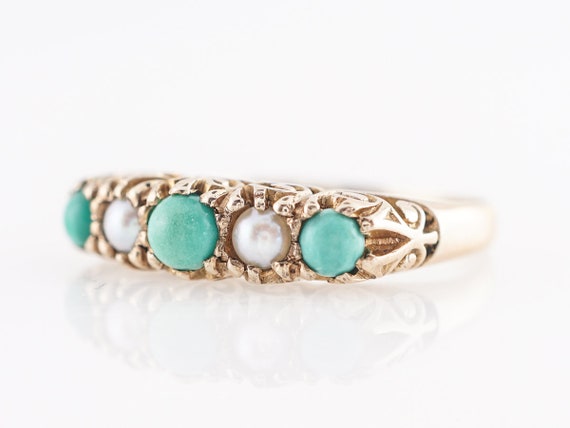 Victorian Turquoise and Pearl Ring in 9k Yellow G… - image 5
