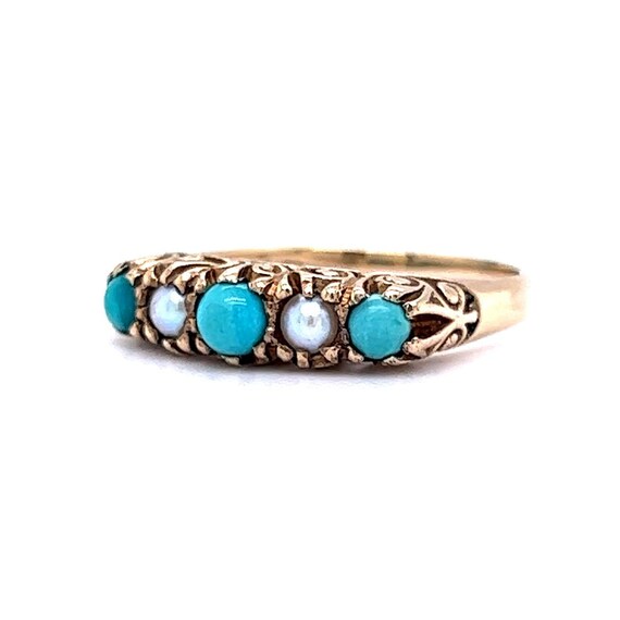 Victorian Turquoise and Pearl Ring in 9k Yellow G… - image 9