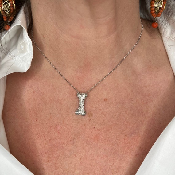 Diamond Dog Bone Pendant Necklace in 14k White Go… - image 1