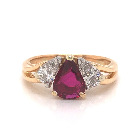 Pear Cut Ruby Engagement Ring in 18k Gold & Plati… - image 3