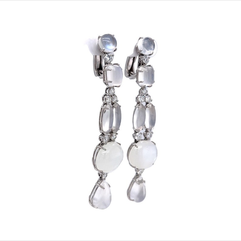 Moonstone & Diamond Drop Earrings in 18k White Gold image 4