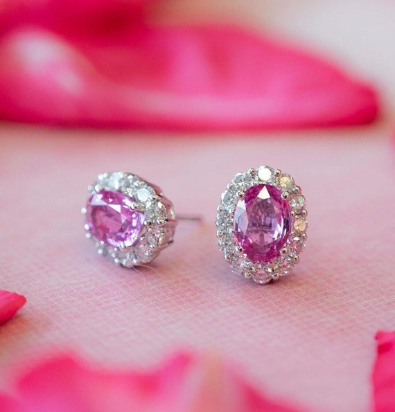 3.60 Oval Cut Pink Sapphire & Diamond Earrings in… - image 1