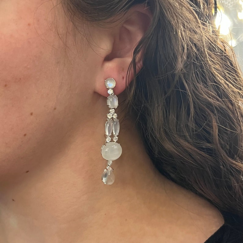 Moonstone & Diamond Drop Earrings in 18k White Gold image 1