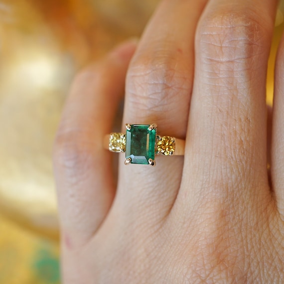 Emerald & Yellow Diamond Ring in 14k Yellow Gold - image 1