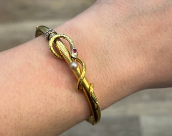 Victorian Snake Wrapped Bangle Bracelet with Diamonds in 14k Gold