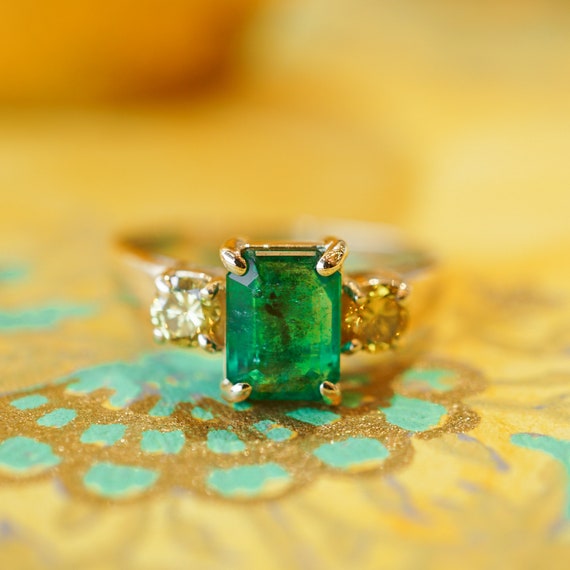 Emerald & Yellow Diamond Ring in 14k Yellow Gold - image 2