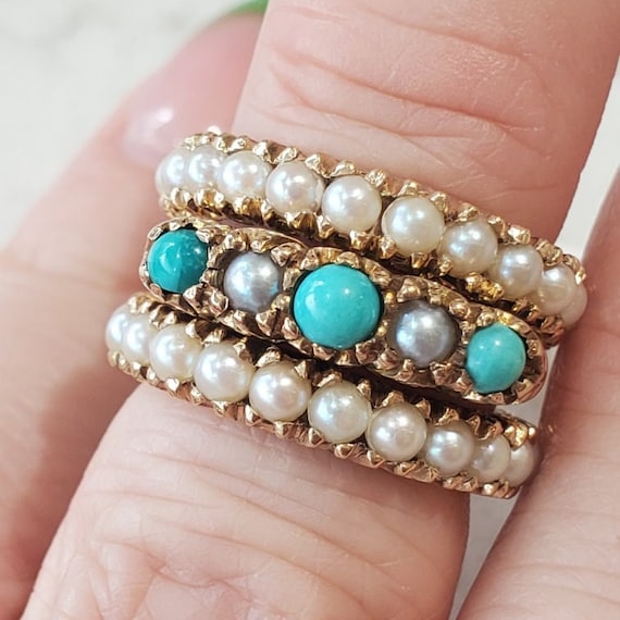 Victorian Turquoise and Pearl Ring in 9k Yellow G… - image 1