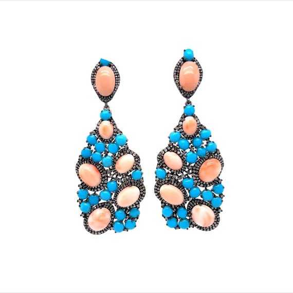 Turquoise, Coral, & Diamond Cluster Drop Earrings… - image 3