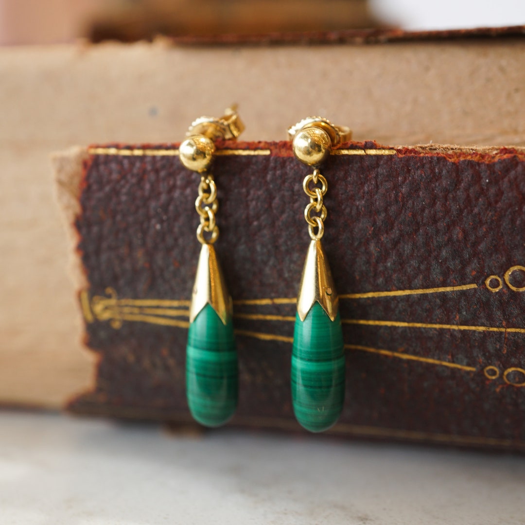 Mid century Malachite Drop Earrings 14k Yellow Gold Etsy