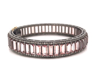 Pink Tourmaline Bangle Bracelet w/ Diamonds in Sterling Silver