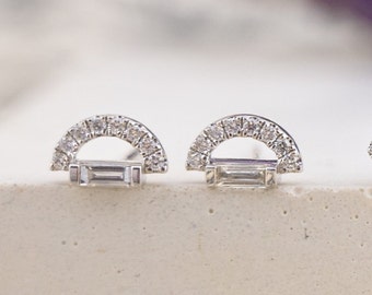 Half-Round Diamond Earring Studs in 18k White Gold