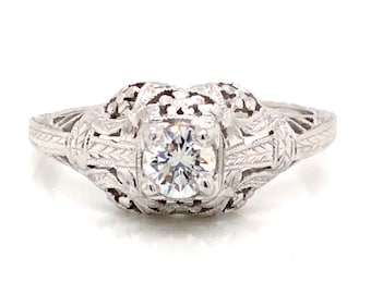 Anillo de compromiso de diamante Art Deco en oro blanco de 18K