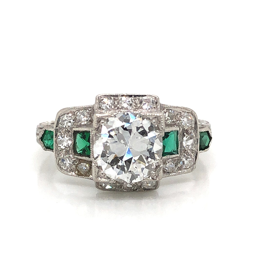 1.30 Art Deco Diamond & Emerald Engagement Ring in Platinum - Etsy