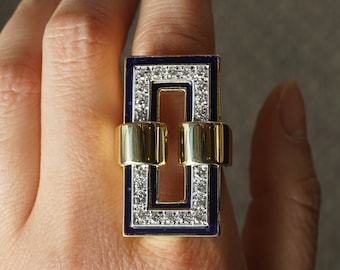 Diamond & Blue Enamel Cocktail Ring 18k Gold