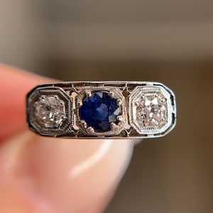 Antique Three Stone Sapphire & Diamond Engagement Ring in 18k White Gold