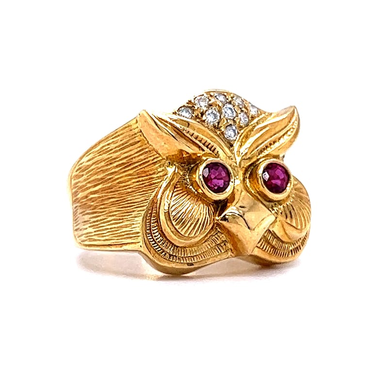 Diamond & Ruby Eyed Owl Cocktail Ring in 18k Yellow Gold image 5