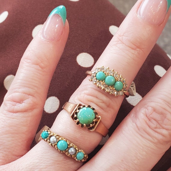 Victorian Turquoise and Pearl Ring in 9k Yellow G… - image 3