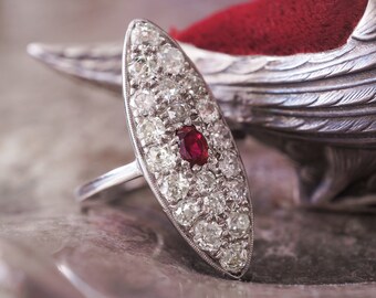 Edwardian Diamond w/ Ruby Navette Ring in 14K