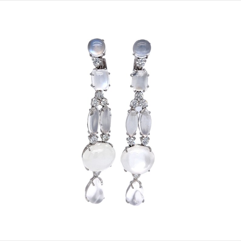 Moonstone & Diamond Drop Earrings in 18k White Gold image 2