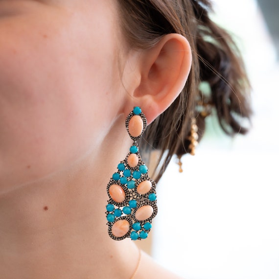 Turquoise, Coral, & Diamond Cluster Drop Earrings… - image 2