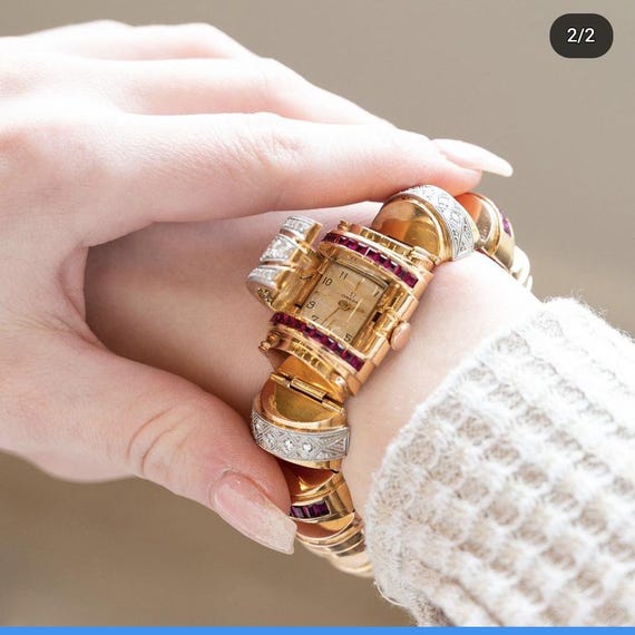 Retro Omega Diamond & Ruby Watch Bracelet in 18k … - image 2